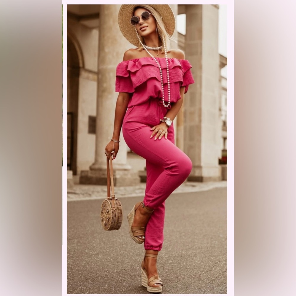 Pink Ruffle Off Shoulder Jogger Jumpsuit size L